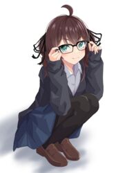  :3 absurdres adjusting_eyewear alternate_costume bespectacled black-framed_eyewear black_pantyhose black_ribbon blue_eyes blue_jacket blue_shirt blue_skirt brown_hair collared_shirt drill_hair female glasses hair_ribbon highres hololive jacket loafers long_sleeves looking_at_viewer natsuiro_matsuri pantyhose ribbon rururaroru shirt shoes simple_background skirt solo squatting twin_drills virtual_youtuber 