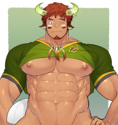  1boy abs american_football_uniform animal_ears bad_id bad_pixiv_id bara bare_pectorals brown_hair clothes_lift eye_black facial_hair feathers fiery_horns flustered forked_eyebrows glowing_horns goatee hand_on_own_hip helmet horns hunterkay large_pectorals looking_at_viewer male_focus muscular muscular_male native_american navel nipples out-of-frame_censoring pectorals penis_out_of_frame shirt_lift simple_background solo sportswear thick_eyebrows tokyo_afterschool_summoners unworn_headwear unworn_helmet upper_body wakan_tanka wavy_mouth 