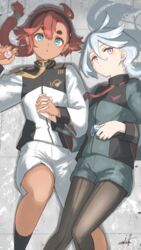  2girls :o aqua_eyes asticassia_school_uniform blue_hair brown_pantyhose charm_(object) commentary_request cool_(gundam_suisei_no_majo) dark-skinned_female dark_skin grey_eyes gundam gundam_suisei_no_majo hair_between_eyes highres holding_hands hots_(gundam_suisei_no_majo) interlocked_fingers long_hair long_sleeves looking_at_viewer lying miorine_rembran multiple_girls necktie on_back pantyhose red_hair red_necktie school_uniform shoulder_boards signature suletta_mercury thick_eyebrows umiroku yellow_necktie yuri 