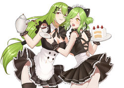  2girls alternate_costume animal_ears back blush breasts cake cleavage commission cup english_commentary fake_animal_ears feet_out_of_frame food girls&#039;_frontline green_hair hair_ornament hairclip hand_on_own_hip highres holding holding_cake holding_cup holding_food holding_saucer long_hair looking_at_viewer looking_away magal_(girls&#039;_frontline) maid medium_breasts medium_hair mk48_(girls&#039;_frontline) mug multiple_girls one_eye_closed open_mouth parted_lips pixiv_commission plate red_eyes saucer sideboob silayloe standing white_background yellow_eyes 