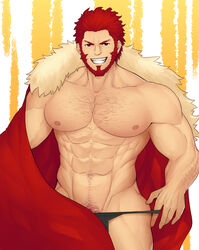  1boy abs alternate_body_hair alternate_costume bara beard cape chest_hair facial_hair fate/grand_order fate/zero fate_(series) fur_collar hunterkay iskandar_(fate) large_pectorals male_focus male_pubic_hair male_underwear male_underwear_pull mature_male muscular muscular_male navel nipples pectorals pubic_hair red_hair revealing_clothes short_hair solo topless_male underwear very_short_hair 