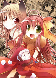  +_+ 2girls :d ahoge animal_around_neck animal_ears blush bow breasts brown_hairband cat_ears closed_mouth commentary_request cowboy_shot dress fox goblin_(ragnarok_online) goblin_mask green_eyes hairband hairbow hat light_brown_hair looking_at_viewer medium_breasts multiple_girls open_mouth orange_sleeves pelvic_curtain pink_hair professor_(ragnarok_online) ragnarok_online red_eyes red_sleeves santa_hat shindo_hachigo sleeveless sleeveless_dress small_breasts smile sniper_(ragnarok_online) striped_sleeves yellow_bow 