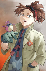  1boy absurdres bad_id bad_pixiv_id bird bird_on_hand blue_necktie blue_shirt boku_no_hero_academia breast_pocket coat eyewear_on_head fengling_(furin-jp) gloves green_gloves grey_background hand_in_pocket hand_up highres long_sleeves looking_at_viewer male_focus multicolored_background necktie open_clothes open_coat open_mouth pino_(boku_no_hero_academia) pocket red_background red_eyes red_hair red_necktie rody_soul shirt short_hair short_ponytail sleeves_past_elbows smile striped_necktie sunglasses teeth two-tone_necktie upper_teeth_only 