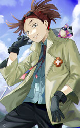  1boy :d absurdres animal_on_shoulder bird bird_on_shoulder black_gloves black_pants blue_necktie blue_shirt boku_no_hero_academia brown_hair brown_jacket commentary_request cowboy_shot day dress_shirt fengling_(furin-jp) gloves hand_up highres holding jacket long_sleeves looking_at_viewer male_focus necktie open_clothes open_jacket open_mouth outdoors pants pino_(boku_no_hero_academia) red_necktie rody_soul shirt short_hair signature smile striped_necktie sunglasses teeth 