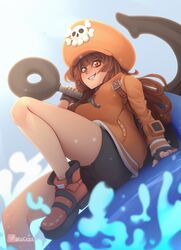  absurdres anchor brown_hair female guilty_gear guilty_gear_strive highres hood hoodie looking_at_viewer may_(guilty_gear) mycrys orange_headwear skull_and_crossbones smile water 