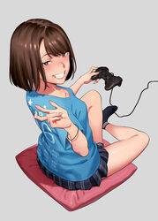  back black_skirt black_socks blue_shirt blush bob_cut bracelet breasts brown_eyes brown_hair controller female fingernails from_behind full_body game_controller grey_background grin hand_up holding holding_controller holding_game_controller jewelry looking_at_viewer looking_back medium_hair miniskirt on_pillow pillow pleated_skirt shirt short_hair simple_background sitting skirt small_breasts smile socks solo tonari_no_jk_ni_odosarete_iribitararetemasu w yukiyoshi_mamizu 