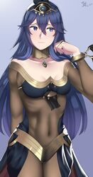  absurdres alternate_costume arcedo armlet bare_shoulders blue_eyes blue_hair blush bodystocking bracelet breasts cape circlet cleavage cosplay dancer earrings female fire_emblem fire_emblem_awakening fire_emblem_heroes hair_between_eyes highres jewelry long_hair looking_at_viewer lucina_(fire_emblem) medium_breasts midriff necklace open_mouth ponytail simple_background solo tharja_(fire_emblem) tharja_(fire_emblem)_(cosplay) tharja_(plegian)_(fire_emblem) tiara 