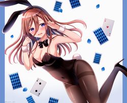  ace_(playing_card) ace_of_hearts animal_ears bare_shoulders black_bow black_bowtie black_footwear black_hairband black_leotard blue_background blush bow bowtie breasts brown_hair brown_pantyhose card cleavage collar commentary_request covered_navel detached_collar fake_animal_ears female fingernails go-toubun_no_hanayome grey_background hair_between_eyes hairband hands_up heart high_heels leotard long_hair looking_at_viewer medium_breasts nail_polish nakano_miku open_mouth pantyhose petals pink_nails playboy_bunny playing_card purple_eyes rabbit_ears rabbit_tail sakura_hiyori shoes solo spade_(shape) strapless strapless_leotard tail thighband_pantyhose twitter_username two-tone_background two_of_spades very_long_hair white_collar wrist_cuffs 