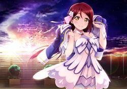  bare_shoulders birthday brightest_melody character_name check_commentary cloud cloudy_sky collarbone commentary commentary_request dark_red_hair dress dusk earrings english_text female hair_between_eyes hands_up happy_birthday holding holding_clothes holding_jacket jacket jewelry long_hair looking_at_viewer love_live! love_live!_sunshine!! outdoors parted_bangs plant red_hair sakurauchi_riko shiimai sky solo standing sunset yellow_eyes 