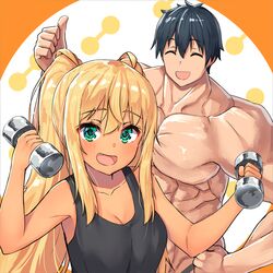  1boy bare_shoulders black_hair blonde_hair blush breasts closed_eyes dark-skinned_female dark_skin dumbbell dumbbell_nan_kilo_moteru? female green_eyes large_breasts long_hair looking_at_viewer machio_naruzou md5_mismatch muscular oerba_yun_fang open_mouth pensuke sakura_hibiki short_hair smile twintails upper_body 