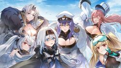  6+girls arkhangelsk_(azur_lane) artist_request azur_lane bare_shoulders belt black_jacket blonde_hair blue_background blue_eyes bodystocking bon_homme_richard_(azur_lane) breasts brown_hair cleavage closed_eyes coat cone_hair_bun epaulettes flower fur-trimmed_jacket fur_hat fur_trim goggles goggles_on_head grey_hair hair_bun hair_flower hair_ornament hairband hat jacket kiev_(azur_lane) kronshtadt_(azur_lane) large_breasts long_hair looking_at_viewer multiple_girls official_art open_mouth papakha peaked_cap purple_hair red_eyes sky smile soobrazitelny_(azur_lane) spoilers third-party_source twintails v volga_(azur_lane) white_coat white_hair white_headwear yellow_eyes 