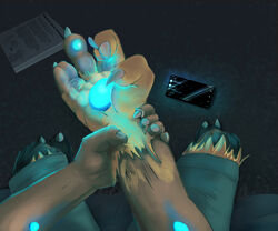  4_fingers 5_fingers 6:5 ambiguous_gender anthro black_body black_fur blue_bottomwear blue_clothing blue_glow blue_pawpads blue_shorts bottomwear cellphone claw_growth claws clothing electronics english_text finger_claws fingers first_person_view fur fur_growth fused_fingers generation_7_pokemon growth hi_res holding_wrist human human_to_anthro legendary_pokemon looking_at_self mammal mid_transformation nintendo pawpads phone pokemon pokemon_(species) shaded shorts smartphone solo species_transformation text toe_claws toshabi transformation transformation_pov white_claws yellow_body yellow_fur zeraora 