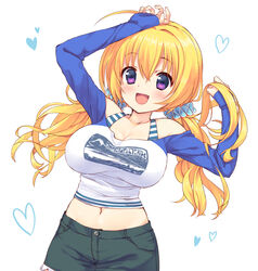  :d black_pants blonde_hair blue_scrunchie blue_sleeves breasts crop_top cropped_shirt female hair_ornament hair_scrunchie heart highres large_breasts lena_liechtenauer long_hair looking_at_viewer low_twintails namamoto navel open_mouth pants purple_eyes raglan_sleeves scrunchie senren_banka shirt simple_background smile solo taut_clothes taut_shirt twintails upper_body white_background 