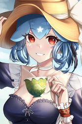  absurdres bao_(vtuber) bao_(vtuber)_(6th_costume) black_ribbon blue_hair blue_shirt blush breasts brown_eyes brown_hat choker cloud female frilled_shirt frills hair_ribbon hat highres indie_virtual_youtuber medium_breasts official_alternate_costume portrait ribbon shirt short_hair sky smile solo sun_hat virtual_youtuber white_choker wrist_cuffs yiotaart 