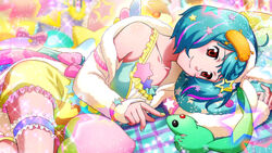  ai-kun bad_link blue_nails braid bridal_garter collarbone crown_braid female game_cg green_hair hair_ornament lying macross macross_frontier multicolored_hair multicolored_nails nail_polish official_art on_side oosanshouuo-san pajamas pink_hair ranka_lee red_eyes shooting_star_hair_ornament short_hair smile star_(symbol) star_hair_ornament streaked_hair uta_macross_sumaho_deculture yellow_nails 