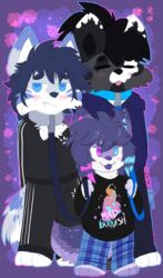  &gt;:3 african_wild_dog alternative_fashion ambiguous_gender anthro black_bottomwear black_clothing black_hair black_nose black_pants black_shirt black_topwear blep blue_body blue_bottomwear blue_clothing blue_collar blue_eyes blue_fur blue_hoodie blue_inner_ear blue_leash blue_pants blue_text blue_topwear blush blush_lines bottomwear canid canine canis chibi closed_eyes clothed clothing collar conditional_dnp coontail_hair digital_drawing_(artwork) digital_media_(artwork) disinterested domestic_dog embarrassed english_text firelight&#039;s_respite_(ikitsunyan) flat_colors flynn_(ihakurou) fox fur graphic_tee grey_body grey_collar grey_fur group hair handwritten_text heterochromia hi_res hibiki_nyatani_(ikitsunyan) holding_leash holding_object hoodie hybrid ikitsunyan leash male mammal mika_(isabretoof) nonbinary_(lore) pajamas pants pattern_bottomwear pattern_clothing pattern_pants pink_blush pink_eyes pink_inner_ear pink_tongue plaid plaid_bottomwear plaid_clothing plaid_pants polyamory purple_background purple_body purple_fur purple_hair purple_nose purple_tongue scene_(fashion) scene_haircut shirt signature simple_background size_difference star_eyes tail text text_on_clothing text_on_shirt text_on_topwear tongue tongue_out topwear tracksuit trio white_body white_fur white_inner_ear white_text wolf 