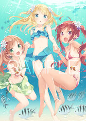  3girls :d ahoge animal bare_arms bare_legs bare_shoulders barefoot bikini blonde_hair blue_bikini blue_eyes blue_flower blush breasts brown_hair clownfish commentary_request day fish floral_print flower green_bikini green_eyes groin hair_flower hair_ornament hazuki_watora hibiscus_print holding_hands interlocked_fingers kani_biimu long_hair looking_at_viewer minazuki_sarami multiple_girls navel oerba_yun_fang one-piece_tan open_mouth original outdoors parted_lips purple_bikini purple_eyes purple_flower sample_watermark sarong shimotsuki_potofu side-tie_bikini_bottom small_breasts smile sunlight swimsuit tan tanlines twintails two_side_up underwater very_long_hair water watermark white_flower yellow_flower 