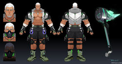  1boy abs absurdres arm_hair arms_at_sides bandaged_arm bandages bara bare_pectorals beard biceps cropped_jacket dark-skinned_male dark_skin dog_tags ear_piercing facial_hair from_behind full_body glowing glowing_eyes glowing_mask glowing_weapon goatee grey_shorts grey_vtuber highres hood hood_down hooded_jacket huge_weapon incredibly_absurdres jacket knee_pads large_pectorals leg_hair long_sideburns male_focus mask mouth_mask multiple_views muscular muscular_male mustache_stubble navel_hair nipple_piercing nipple_rings nipples original pectorals piercing planted powerlesssong scar scar_on_chest shoes short_hair short_sleeves shorts sideburns sneakers standing stomach straight-on stubble thick_eyebrows war_hammer weapon white_hair white_jacket 