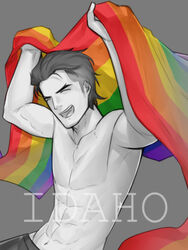  1boy abs black_hair closed_eyes flag highres holding holding_flag hunterkay large_pectorals lgbt_pride male_focus muscular muscular_male no_nipples open_mouth original partially_colored pectorals rainbow_flag smile solo tight_clothes topless_male 