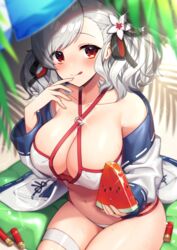  bare_shoulders bikini black_ribbon blue_jacket blush breasts cleavage collarbone commentary female finger_to_mouth flower food from_above fruit girls&#039;_frontline grey_hair hair_flower hair_ornament hair_ribbon hand_up holding holding_food holding_fruit holding_watermelon jacket kinsenka_momi large_breasts long_hair long_sleeves looking_at_viewer multicolored_clothes multicolored_jacket multicolored_ribbon navel o-ring o-ring_bikini off_shoulder official_alternate_costume plant red_bikini red_eyes red_ribbon ribbon shotgun_shell sitting smile solo spas-12_(girls&#039;_frontline) spas-12_(midsummer_fruit)_(girls&#039;_frontline) swimsuit tongue tongue_out twintails watermelon white_bikini white_flower white_jacket 