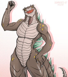  anthro anthrofied brown_body claws fangs godzilla_(series) male open_mouth open_smile orange_eyes scalie simple_background smile solo spikes tail teeth toho vipery-07 zilla 