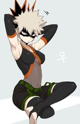  1girls absurdres armpits arms_behind_head black_legwear blonde_hair bodysuit breasts clothed clothed_female clothes clothing costume elbow_gloves female female_bakugou female_only fully_clothed genderbend genderswap genderswap_(mtf) gloves hi_res katsuki_bakugou looking_at_viewer maneki-neko_(fujifuji) mask my_hero_academia pale pale-skinned_female pale_skin red_eyes rule_63 sanpaku see-through short_hair shorts sitting solo spiked_hair spiky_hair stirrup_legwear superheroine thighhighs venus_symbol very_short_hair 