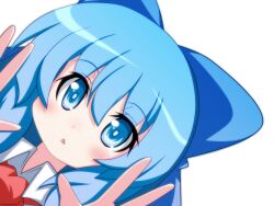  :&lt; blue_bow blue_eyes blue_hair blush bow cirno commentary_request double_v female hairbow highres looking_at_viewer oborotsuki_kakeru parted_lips short_hair solo touhou triangle_mouth upper_body v 