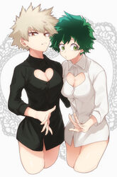  2girls blonde_hair bottomless brown_eyes cleavage cleavage_cutout clothes clothing female female_bakugou female_deku female_focus female_only green_eyes green_hair heart_cutout human human_only izuku_midoriya katsuki_bakugou light-skinned_female light_skin looking_at_viewer maneki-neko_(fujifuji) multicolored_hair multiple_females multiple_girls my_hero_academia no_pants open_eyes rule_63 shirt short_hair simple_background spiky_hair tagme very_short_hair white_background yuri 