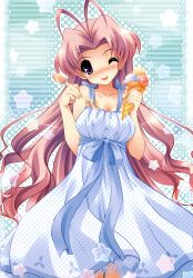  :p absurdres antenna_hair dress female food highres ice_cream mariafia_chiffonese one_eye_closed photoshop_(medium) pink_hair primary_~magical_trouble_scramble~ solo spoon star_(symbol) tongue tongue_out tsurugi_hagane 