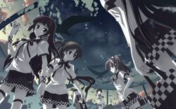  5girls absurdres ahoge bag bird blunt_bangs bob_cut bow braid bug butterfly cable cellphone_charm charm_(object) checkered cloud digital_media_player djmax djmax_portable djmax_technika dutch_angle everyone hairbow headphones headphones_around_neck highres instrument_case long_hair multiple_girls night ribbon scan short_hair side_ponytail skirt sky star_(sky) starry_sky suitcase sweet_shining_shooting_star_(djmax) thighhighs wind window wristband yuuki_tatsuya 