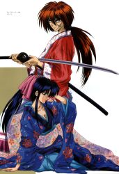  1boy absurdres blue_hair blue_kimono breasts cleavage collarbone cross_scar dark_blue_hair female floral_print from_side hair_between_eyes hair_ribbon hand_on_floor hand_on_own_head highres himura_kenshin holding holding_sword holding_weapon japanese_clothes kamiya_kaoru katana kimono long_hair obi official_art on_floor ponytail print_kimono red_hair red_kimono ribbon rurouni_kenshin sash scabbard scar sheath sidelocks simple_background sitting sword unsheathed watsuki_nobuhiro weapon yokozuwari 