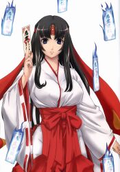  absurdres black_hair breasts eiwa erect_nipples female hairband highres japanese_clothes katana kimono large_breasts long_hair looking_at_viewer miko purple_eyes queen&#039;s_blade smile solo sword tomoe weapon wide_sleeves 