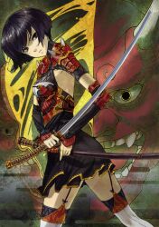  absurdres armor black_hair female highres holding holding_sheath holding_sword holding_weapon japanese_armor kashira_(pommel) katana koshirae kote menuki nodowa_(gorget) original red_eyes samurai saya_(scabbard) scabbard sheath shimotsuki_eight short_hair shoulder_armor solo sword tachi_(weapon) thighhighs unsheathed weapon 