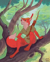  2020 3_toes 4:5 absurd_res anthro arrow_(weapon) barefoot biped black_eyes bottomless bow_(weapon) canid canine claws clothed clothing detailed_background digital_media_(artwork) digitigrade dipstick_tail disney feet forest fox fur green_clothing headgear headwear hi_res looking_up male mammal markings merlinmakes multicolored_body multicolored_fur orange_body orange_fur plant quiver_(object) ranged_weapon red_feather red_fox robin_hood robin_hood_(disney) signature sitting solo tail tail_markings toes tree true_fox two_tone_body two_tone_fur weapon white_body white_fur 