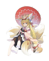  absurdres animal_ear_fluff animal_ears animal_on_head apron arknights barefoot black_hakama blonde_hair blush bobby_socks chinese_commentary commentary_request feet female flower fox fox_ears fox_girl fox_on_head fox_tail frilled_apron frills full_body green_eyes hair_flower hair_ornament hairband hakama hakama_skirt highres holding holding_umbrella japanese_clothes kimono kitsune kyuubi long_sleeves multicolored_hair multiple_tails ningmeng_jing_jing_jing_jing no_shoes obi oerba_yun_fang official_alternate_costume oil-paper_umbrella on_head open_mouth pink_kimono pinwheel red_hairband red_umbrella sash simple_background single_sock skirt socks solo suzuran_(arknights) suzuran_(yukibare)_(arknights) tail toes two-tone_hair umbrella waist_apron white_apron white_background white_hair white_socks wide_sleeves 