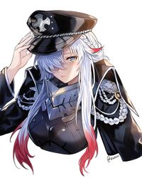  absurdres aiguillette armor azur_lane black_coat black_hat blue_eyes braid breasts closed_mouth coat commentary cross english_commentary expressionless female french_braid hair_between_eyes hair_over_one_eye hand_on_headwear hat highres iron_cross lips long_hair long_sleeves looking_at_viewer medium_breasts military military_hat military_uniform multicolored_hair odin_(azur_lane) peaked_cap red_hair simple_background solo streaked_hair twitter_username two-tone_hair uniform upper_body usatorii white_background white_hair 