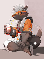  1boy animal_ears bracelet bubble_tea colored_sclera commentary dog_boy dog_ears dog_tail drinking fingernails full_body furry furry_male grey_background highres jacket jewelry kinoshita_jiroh looking_at_viewer male_focus muscular muscular_male name_tag nipples official_alternate_costume open_clothes open_jacket red_eyes sandals scar scar_on_face shadow sharp_fingernails short_hair simple_background solo tadatomo_(housamo) tail tokyo_afterschool_summoners towel towel_around_neck translated visor_cap white_hair yellow_sclera yin_yang yin_yang_print 