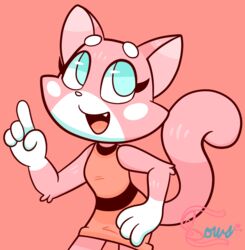  2019 4_fingers anthro blue_eyes bowsaremyfriends clothed clothing domestic_cat dress felid feline felis female fingers fur hand_on_hip hi_res looking_up mammal pink_background pink_body pink_fur shima_luan signature simple_background solo super_planet_dolan thick_outline toony white_body white_fur 