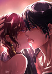  1boy absurdres akatsuki_no_yona blue_eyes cao_(cucurbita_k) collarbone couple drooling female french_kiss hak_(akatsuki_no_yona) half-closed_eyes hand_on_another&#039;s_head highres kissing open_mouth pink_background portrait purple_eyes straight sweatdrop tongue tongue_out yona_(akatsuki_no_yona) 