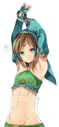  1boy ? abs armpits arms_up bare_shoulders blonde_hair blue_eyes commentary_request crossdressing detached_sleeves gerudo_set_(zelda) highres jewelry link looking_at_viewer male_focus march-bunny navel solo stomach stretching sweat sweatdrop the_legend_of_zelda the_legend_of_zelda:_breath_of_the_wild veil 