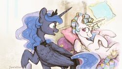  16:9 alicorn curlers duo equid equine eye_contact female feral friendship_is_magic hair_curlers hair_roller hasbro hi_res horn jewellier_(artist) looking_at_another lying magic mammal my_little_pony mythological_creature mythological_equine mythology on_back pillow princess_celestia_(mlp) princess_luna_(mlp) regalia smile widescreen wings 