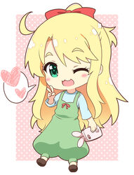  :3 :d ahoge black_footwear blonde_hair blue_shirt blush bow bowtie cellphone chibi dotted_background dress female full_body green_dress green_eyes hairbow heart himesaka_noa holding holding_phone long_hair one_eye_closed open_mouth parachute phone pila-pela red_background red_bow shirt smartphone smartphone_case smile solo speech_bubble v watashi_ni_tenshi_ga_maiorita! 