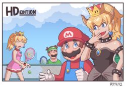  2boys 2girls armlet ayyk92 ball blonde_hair blue_eyes bowsette bracelet brown_hair collar collar_jewel commentary crown earrings english_commentary english_text facial_hair hat jealous jewelry long_hair luigi mario mario_(series) mario_tennis mario_tennis_aces moustache multiple_boys multiple_girls new_super_mario_bros._u_deluxe official_alternate_costume overalls pendant_collar princess_peach racket redrawn short_hair sphere_earrings spiked_armlet spiked_bracelet spiked_collar spikes sportswear super_crown tennis_ball tennis_court tennis_peach tennis_racket tennis_uniform visor_cap 