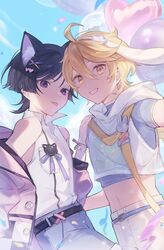  2boys absurdres aether_(genshin_impact) alternate_costume animal_ears balloon belt black_belt black_hair blonde_hair blue_sky cat_boy cat_ears collared_shirt extra_ears eyeliner fake_animal_ears genshin_impact grey_shorts highres long_hair makeup male_focus midriff multiple_boys navel nekomi_0 petals purple_eyes rabbit_boy rabbit_ears red_eyeliner scaramouche_(genshin_impact) shirt shorts sky sleeveless sleeveless_shirt tongue tongue_out white_shirt yaoi yellow_eyes 