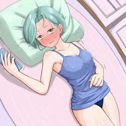  alternate_costume black_panties blue_camisole blush breasts camisole cellphone collarbone female forehead full-face_blush green_hair highres holding holding_phone kantai_collection lying mole mole_on_neck on_back panties phone pillow short_hair small_breasts smartphone solo sosser swept_bangs tamanami_(kancolle) underwear yellow_eyes 