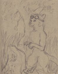  absurd_res anthro biped bryce_daeless countershading eurasian_otter eyewear eyewear_on_head goggles goggles_on_head grass hi_res lutra male mammal mustelid otter paws plant river_otter ruhmjolf smile solo 