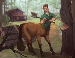  absurd_res axe black_tail building cabin centaur clothed clothing detailed_background dirt equid equid_taur european_mythology forest furgonomics grass greek_mythology green_clothing green_shirt green_topwear hi_res hooves house humanoid humanoid_taur log lumberjack male mammal mammal_taur melee_weapon mythology plant rope shirt solo tail taur thaddeus_slater thestory topwear tree weapon wood 