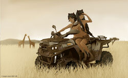  2girls all-terrain_vehicle animal_ears assault_rifle bikini black_eyes black_hair blue_eyes boots brown_footwear cat_ears commentary dead-robot giraffe grass ground_vehicle gun long_hair mixed-language_commentary motor_vehicle multiple_girls multiple_riders navel original outdoors riding rifle short_hair shorts swimsuit tree vehicle_focus weapon weapon_on_back white_bikini 