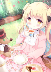  black_bow blonde_hair blush bow brown_eyes bush closed_mouth commentary commission cup day double_bun dress english_commentary female floral_print flower frills hair_bun hairbow highres holding holding_cup long_hair long_sleeves original outdoors pillow pink_dress pink_flower plate red_flower renew_vivi saucer smile solo stuffed_animal stuffed_toy sunlight table tea teacup twintails very_long_hair yellow_flower 