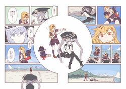  abyssal_ship beach black_serafuku blonde_hair bodysuit cape grey_hair hair_flaps hair_ornament hair_ribbon hairclip hat highres kantai_collection long_hair mikeco multiple_girls ocean open_mouth outdoors red_eyes ribbon rudder_footwear scarf school_uniform serafuku shore sky straight_hair teeth tentacle translation_request water wo-class_aircraft_carrier yuudachi_(kancolle) yuudachi_kai_ni_(kancolle) 